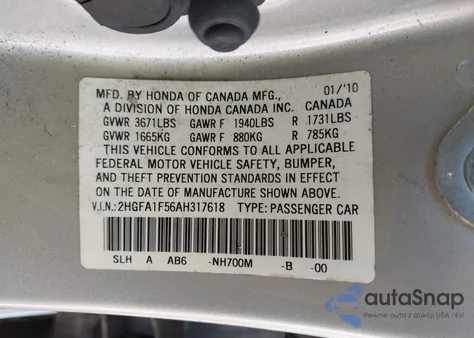 2010 Honda Civic Lx z USA, uszkodzony, nr VIN 2HGFA1F56AH317618